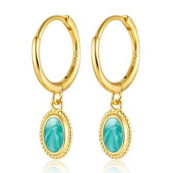 “925 Silver Gold - Plated Hoop Earrings with Oval Turquoise Pendant”
