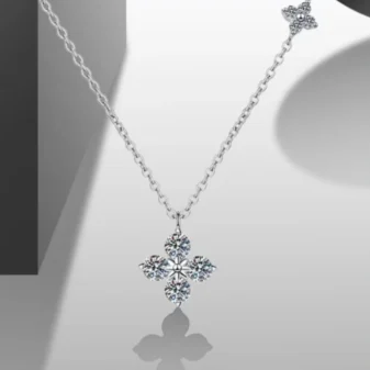 Sterling Silver Moissanite Four-Leaf Clover Cross Pendant Necklace